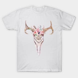 Image: Watercolor, Flowers, Antler, Skull T-Shirt